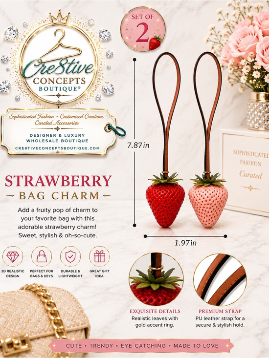 Cre8tive Concepts Boutique Handbags - 3D Strawberry Bag Charm Set of 2 Luxury Purse Charm Keychain Accessories NWT